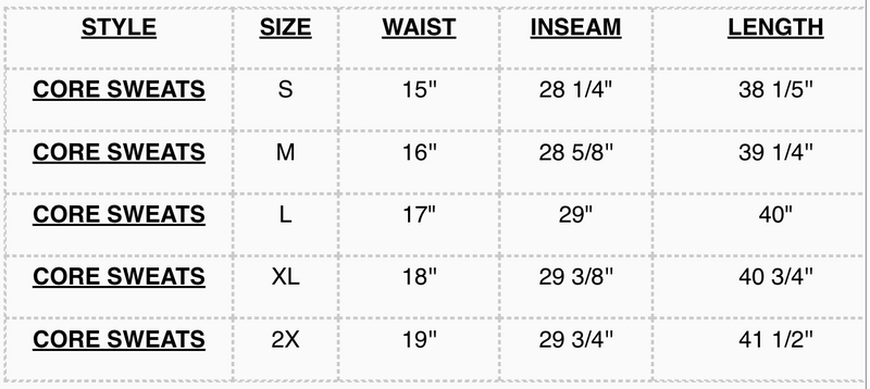 Core Sweats Size Chart