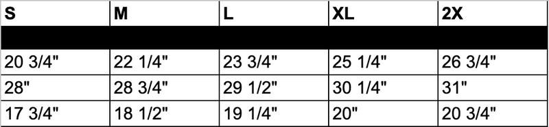 Rambo Tee Size Chart