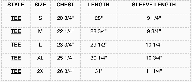 MPRY TEE Size Chart