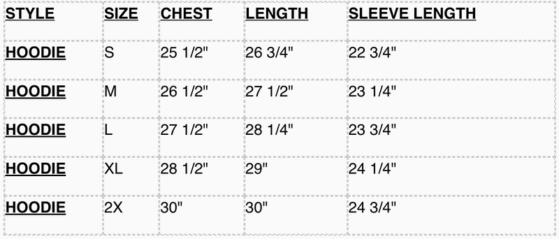 MPRY Hoodie Size Chart