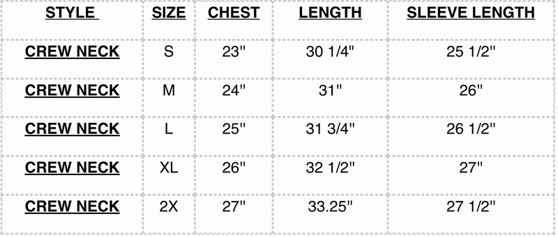 Two-Tone Crewneck Size Chart