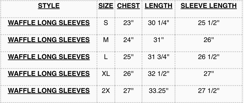 Waffle Long Sleeve Size Chart