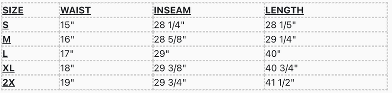 Origins Sweats Size Chart