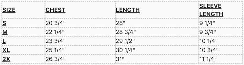 Origins Oversized Tee Size Chart